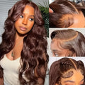 Dark brown long curly front lace wig with side bangs on a model