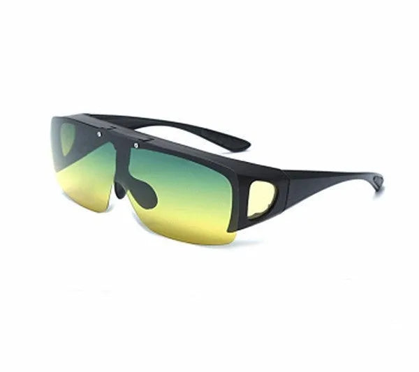 Sporty polarised myopia sunglasses with multiple interchangeable lenses including black, grey, and night vision, on a dark background.
