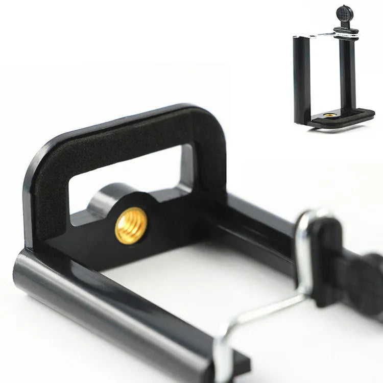 Black plastic U-clip mobile phone holder with adjustable hose bracket for universal smartphone mounting