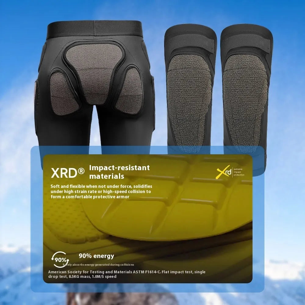 X-ray diffraction ski protective gear set showing hip pads and knee pads for winter sports