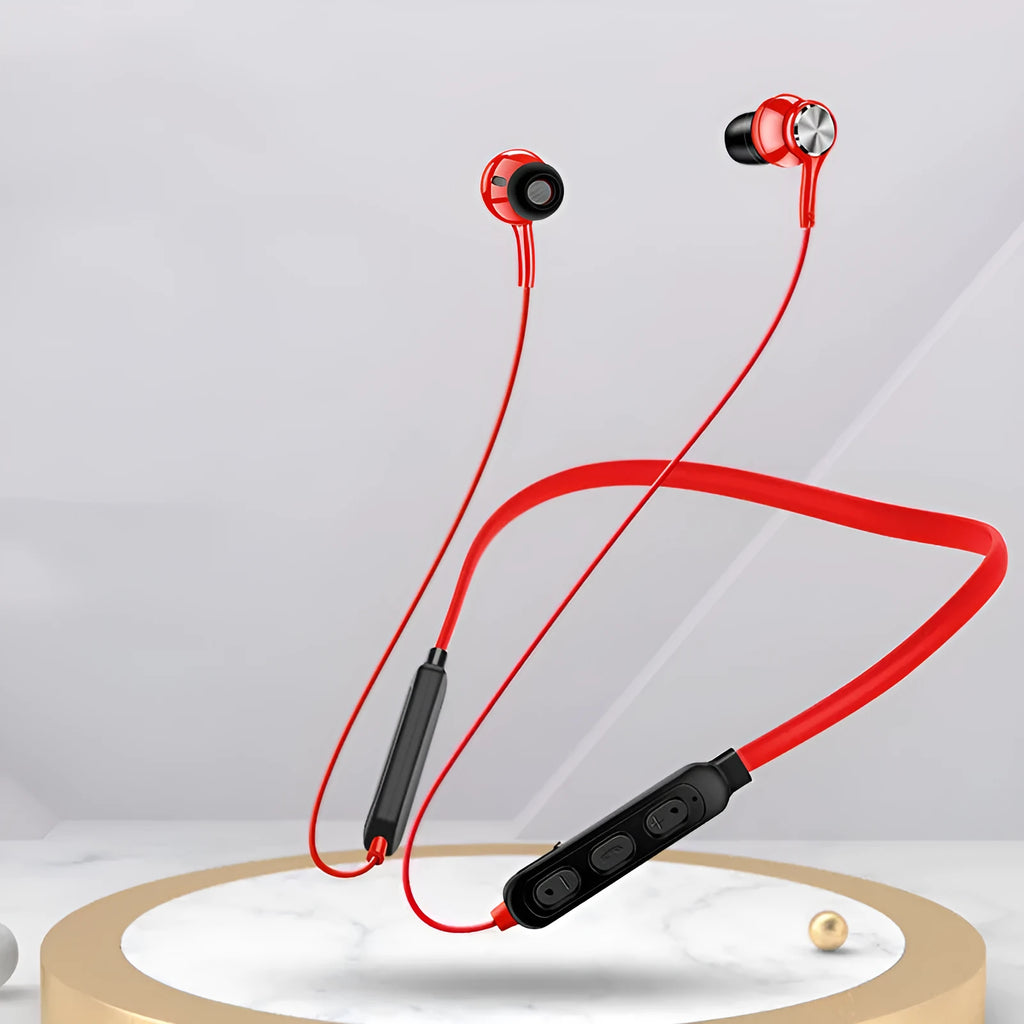 Red neckband sports Bluetooth earphones draped around a neck, showing earpieces and control module.