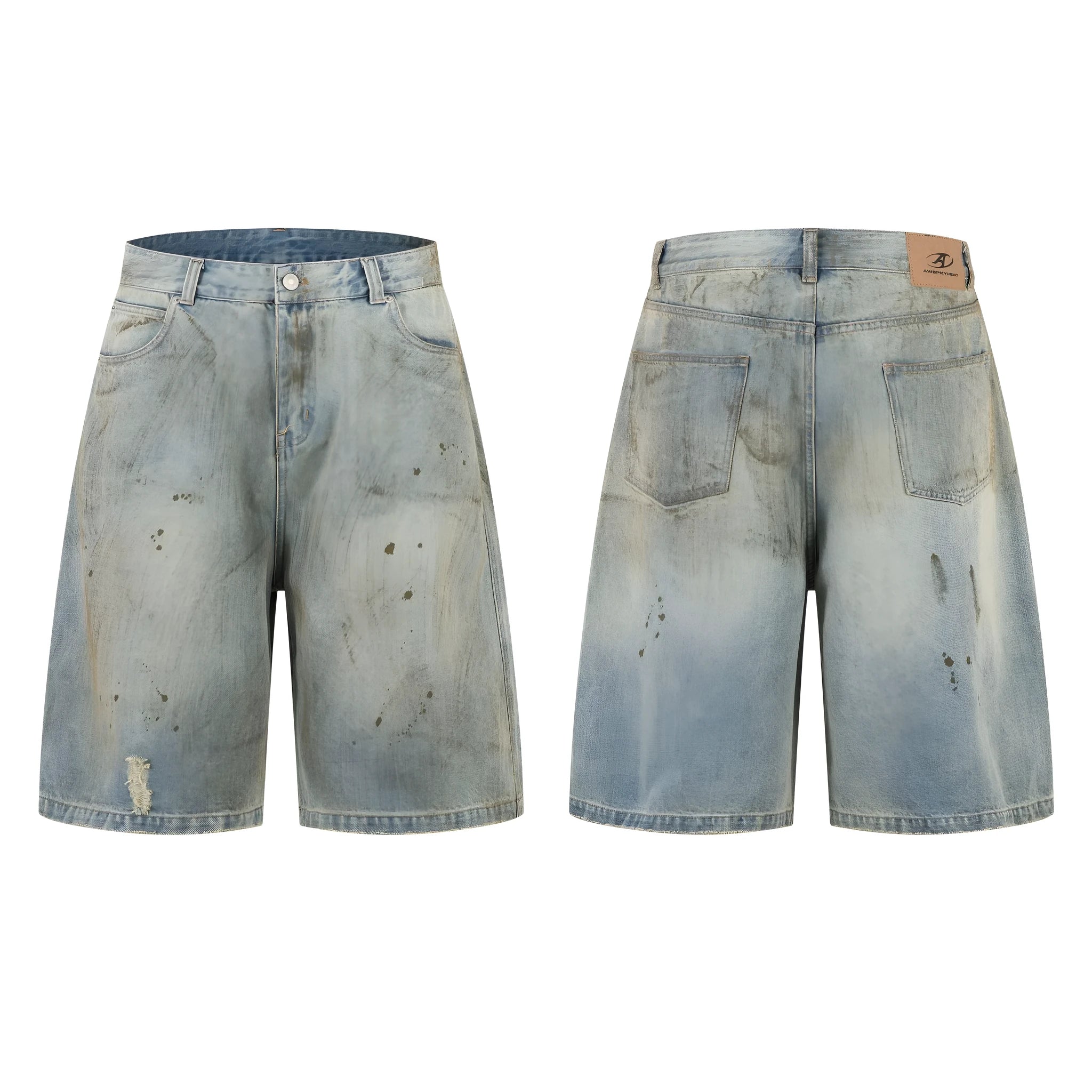 Blue washed denim cropped middle pants with straight leg and zipper fly on a model.