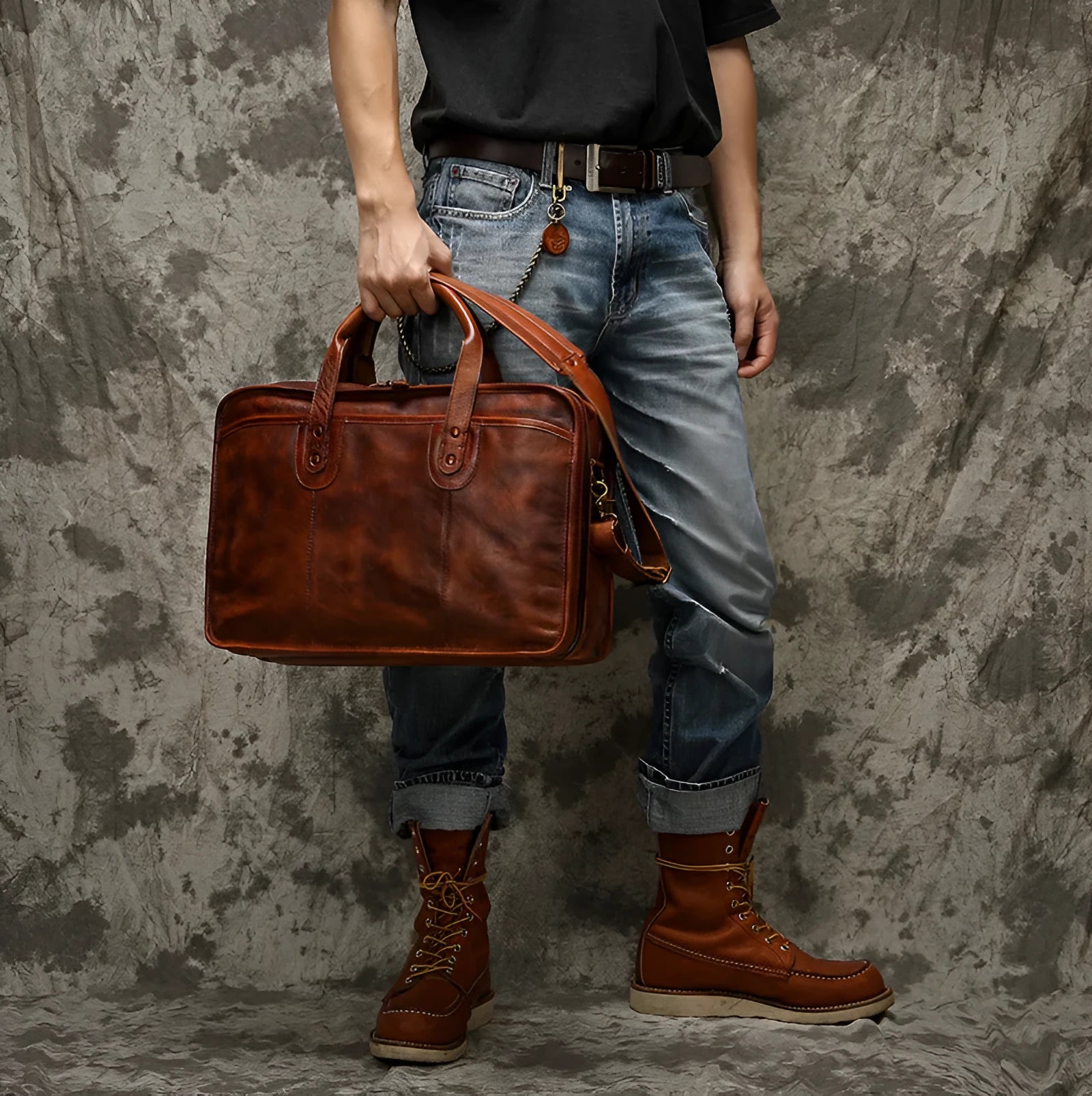 Vintage style leather men's briefcase with multiple internal pockets and 42x15x29cm dimensions