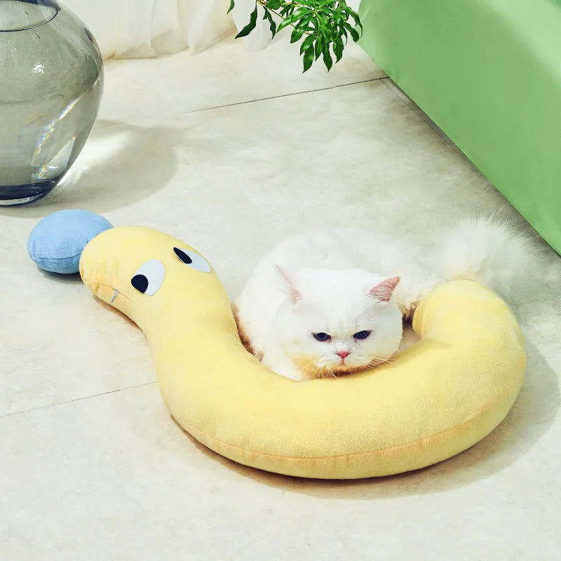 Blue rectangular pet cushion measuring 62cm by 39cm on a floor.