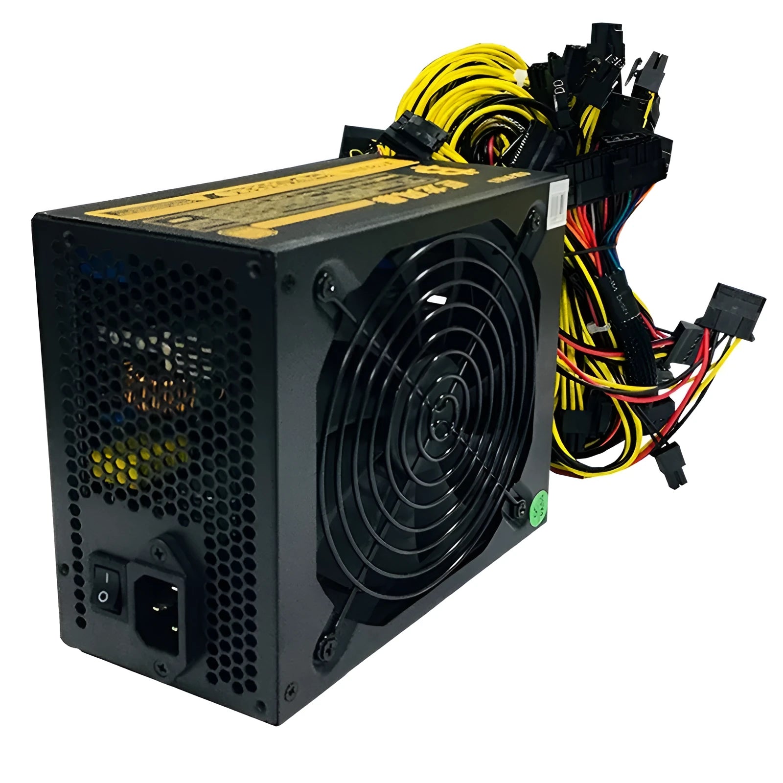 Black server power supply unit with multiple cable connectors including graphics card and D-type interfaces.