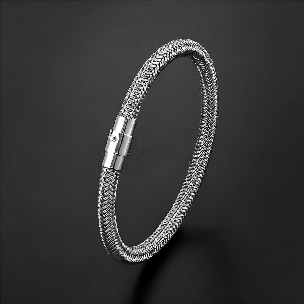 Men's titanium steel geometric wire bracelet with a magnetic clasp, shown in one of four available colour options.