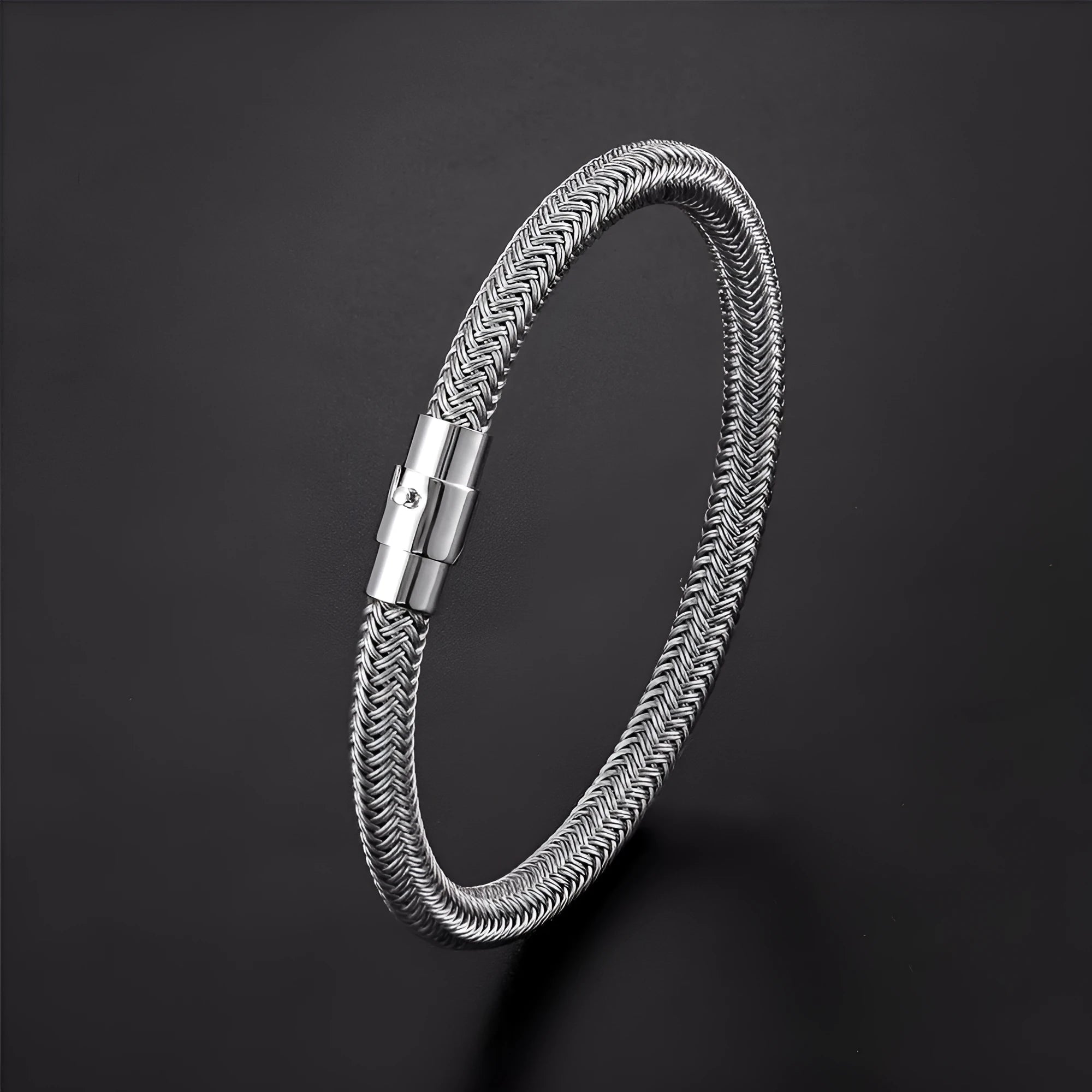 Men's titanium steel geometric wire bracelet with a magnetic clasp, shown in one of four available colour options.