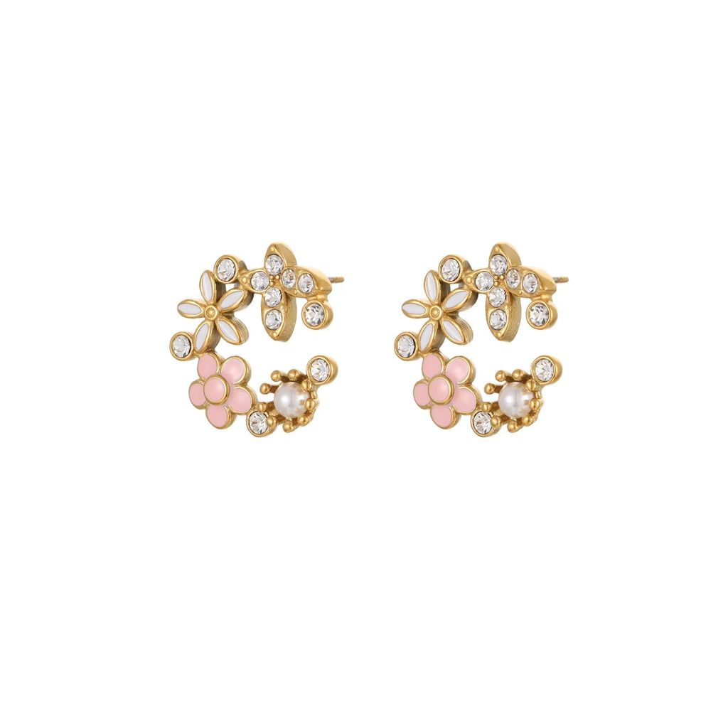 Gold flower stud earrings with petal design on stainless steel backing