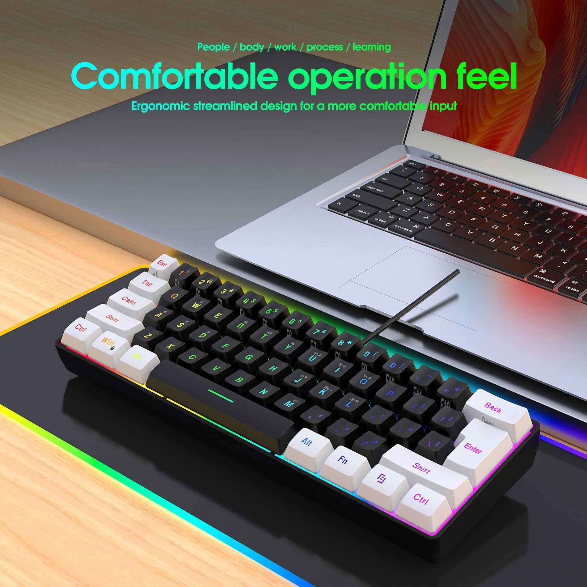 Simple wired 61 key membrane keyboard in white and black colour scheme with UK layout