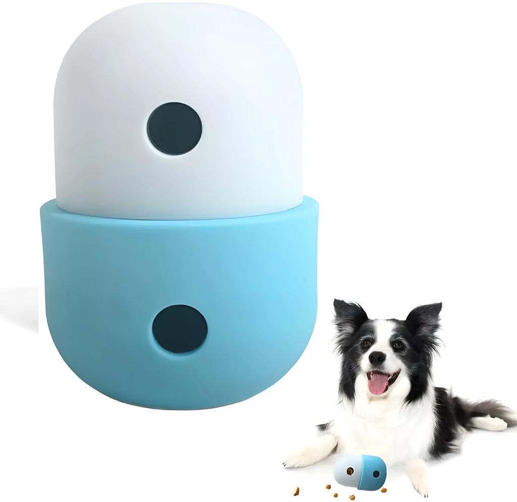 Food-grade silicone dog puzzle toy in yellow and blue colour combination