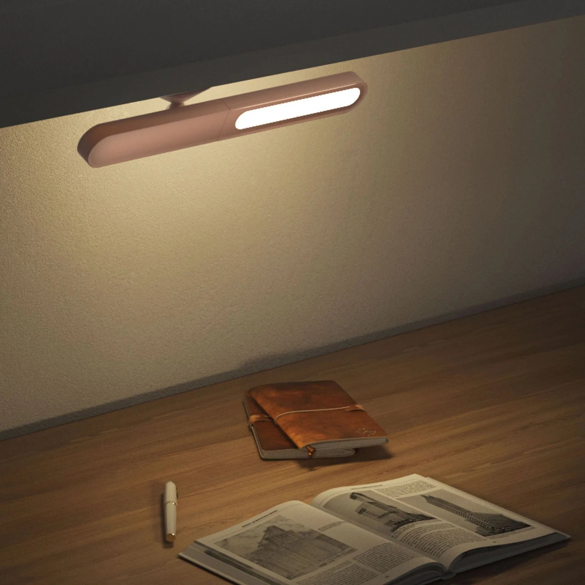Geometric table lamp with magnetic suction base showing white and khaki colour options
