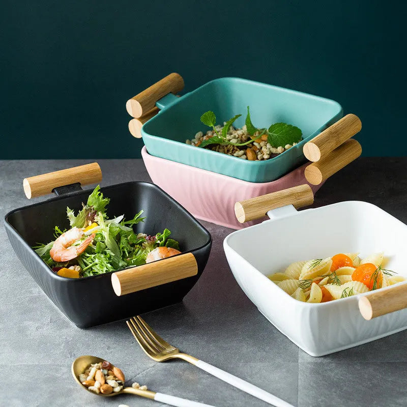 Modern porcelain ceramic serving bowl with lid in irregular shape design