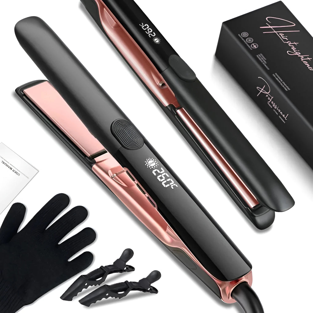 Silver hair straightener with digital temperature display showing 207℃ and European standard plug