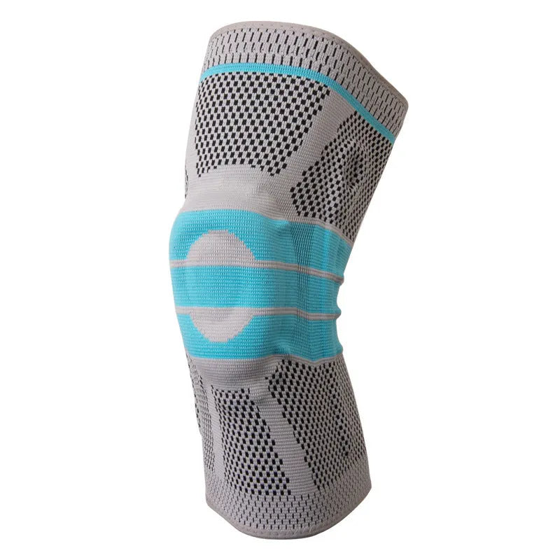 Sky blue elastic knee pads with silicone gel protection for sports.