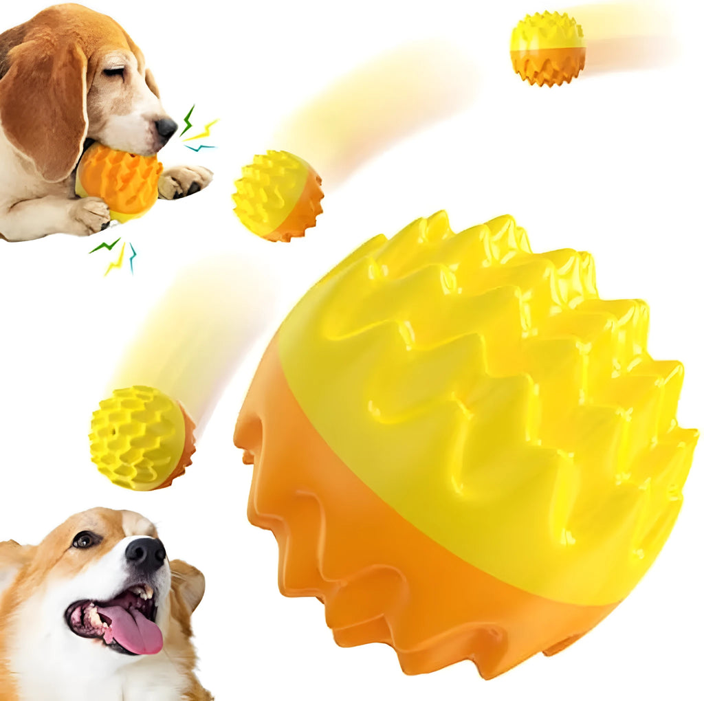 Blue or orange squeaky dog ball toy with spiky texture for dental cleaning and mental enrichment