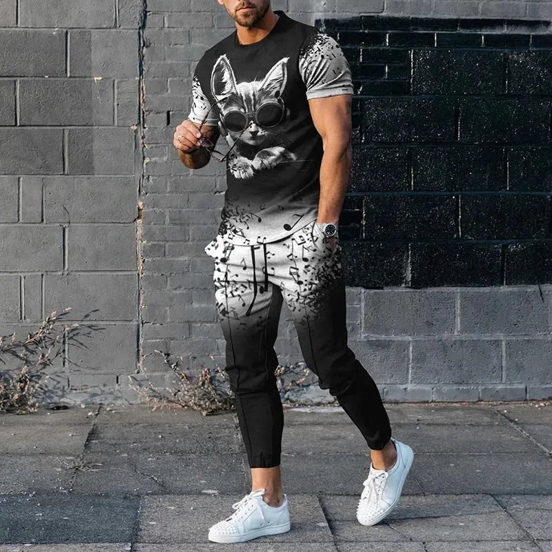 Men's short-sleeved pullover and trouser set in chemical fibre blend fabric for sports