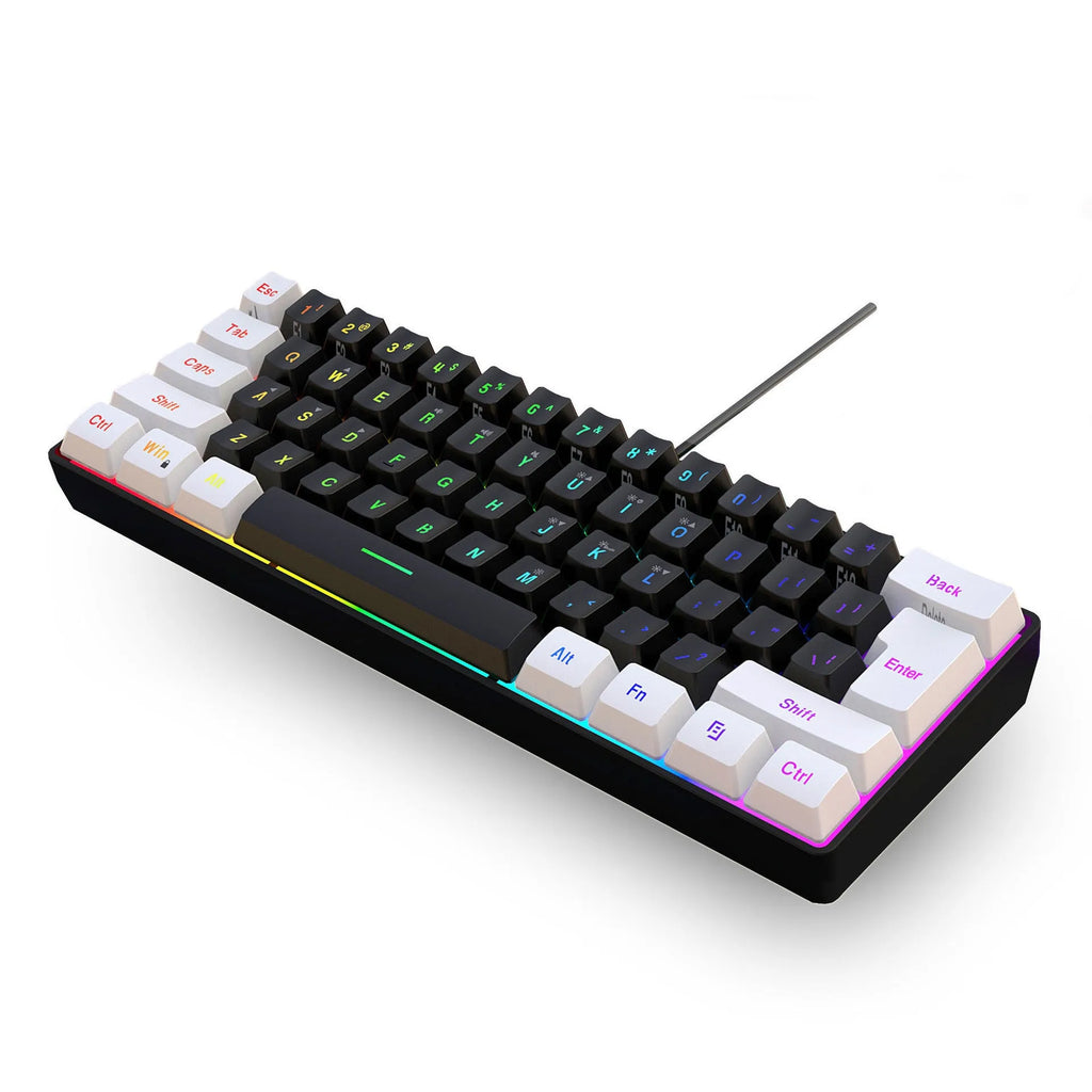Simple wired 61 key membrane keyboard in white and black colour scheme with UK layout