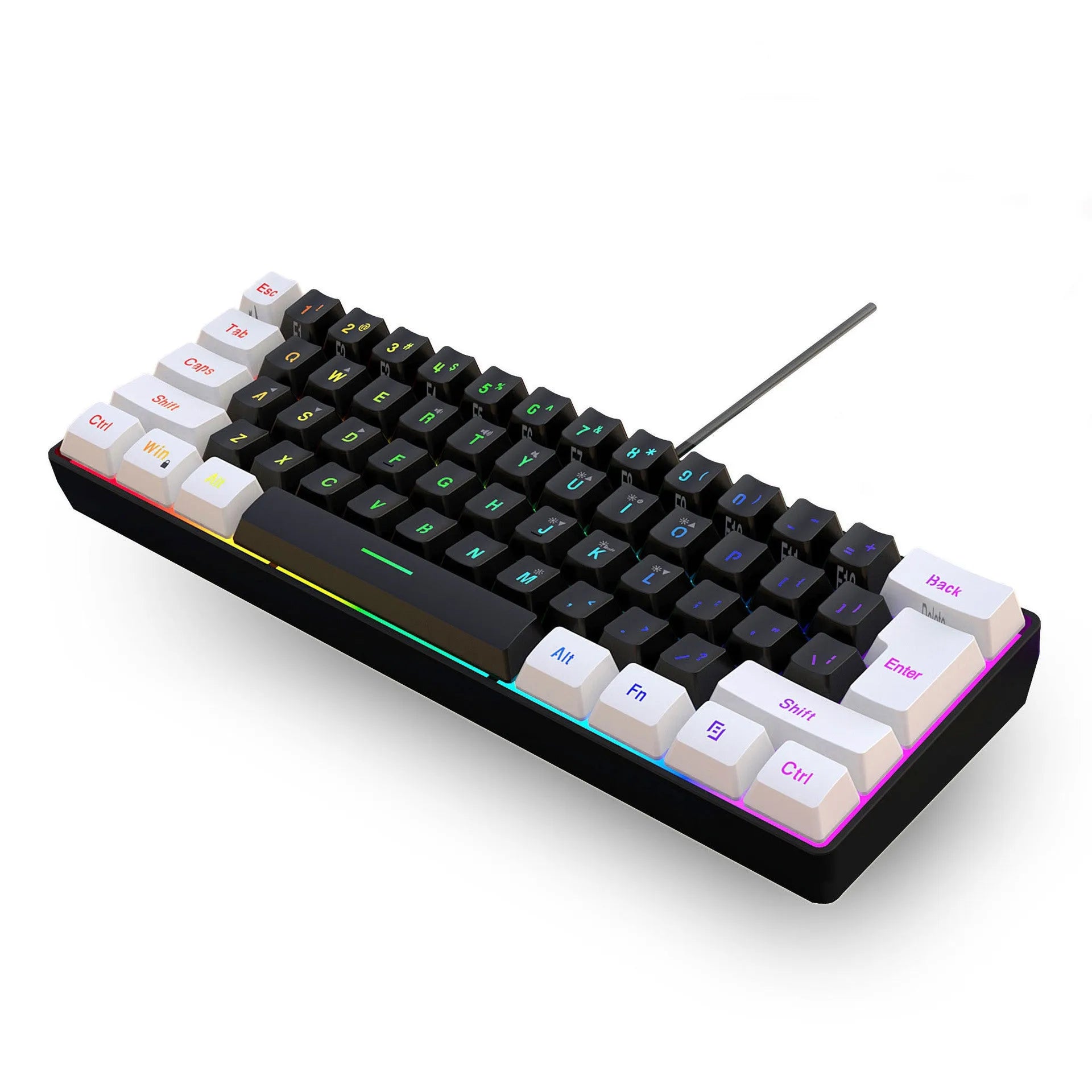 Simple wired 61 key membrane keyboard in white and black colour scheme with UK layout