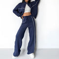 Casual polyester suit set with mock neck hoodie and lace-up striped trousers in six colour options