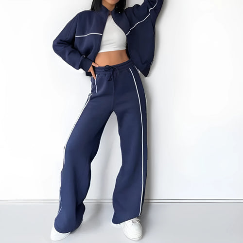 Casual polyester suit set with mock neck hoodie and lace-up striped trousers in six colour options