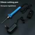 Blue plastic-handled electric heating cutter pen with adapter for cutting foam and polystyrene.