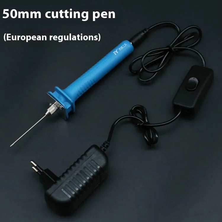 Blue plastic-handled electric heating cutter pen with adapter for cutting foam and polystyrene.