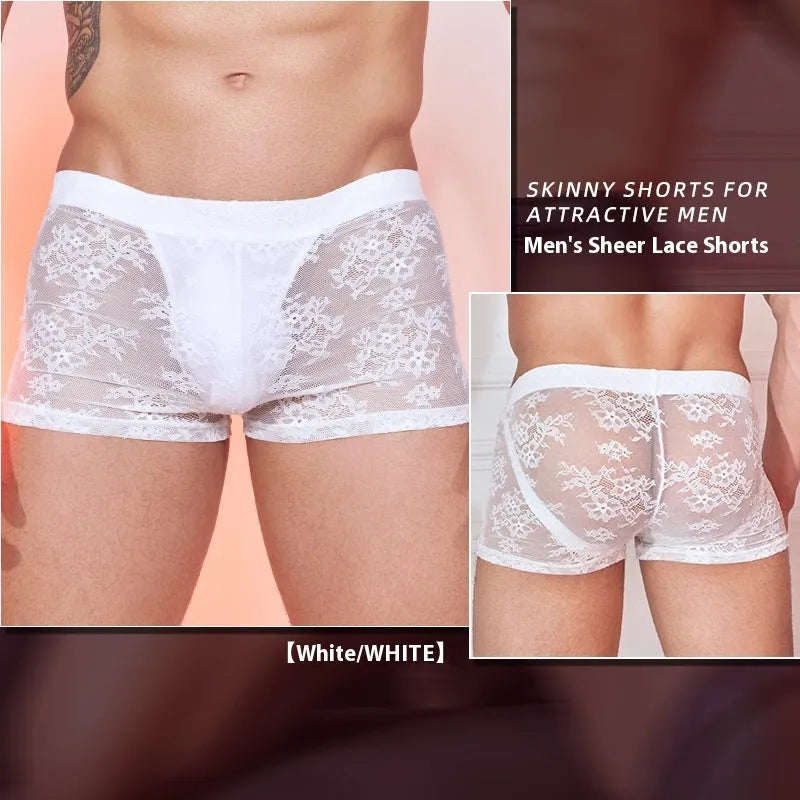 Men's black boxers with lace detailing on nylon fabric