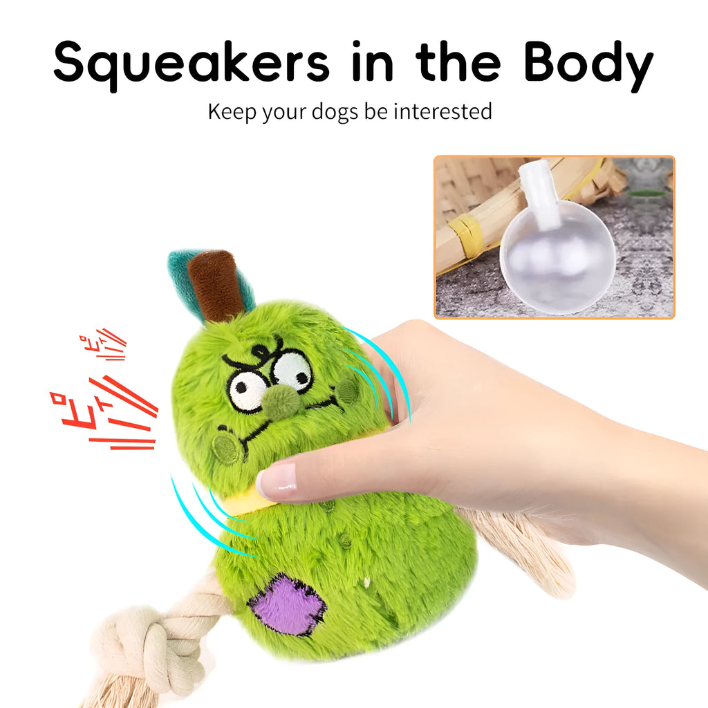 Green and purple interactive plush dog toy with rope knot and molar tooth design for tug of war.