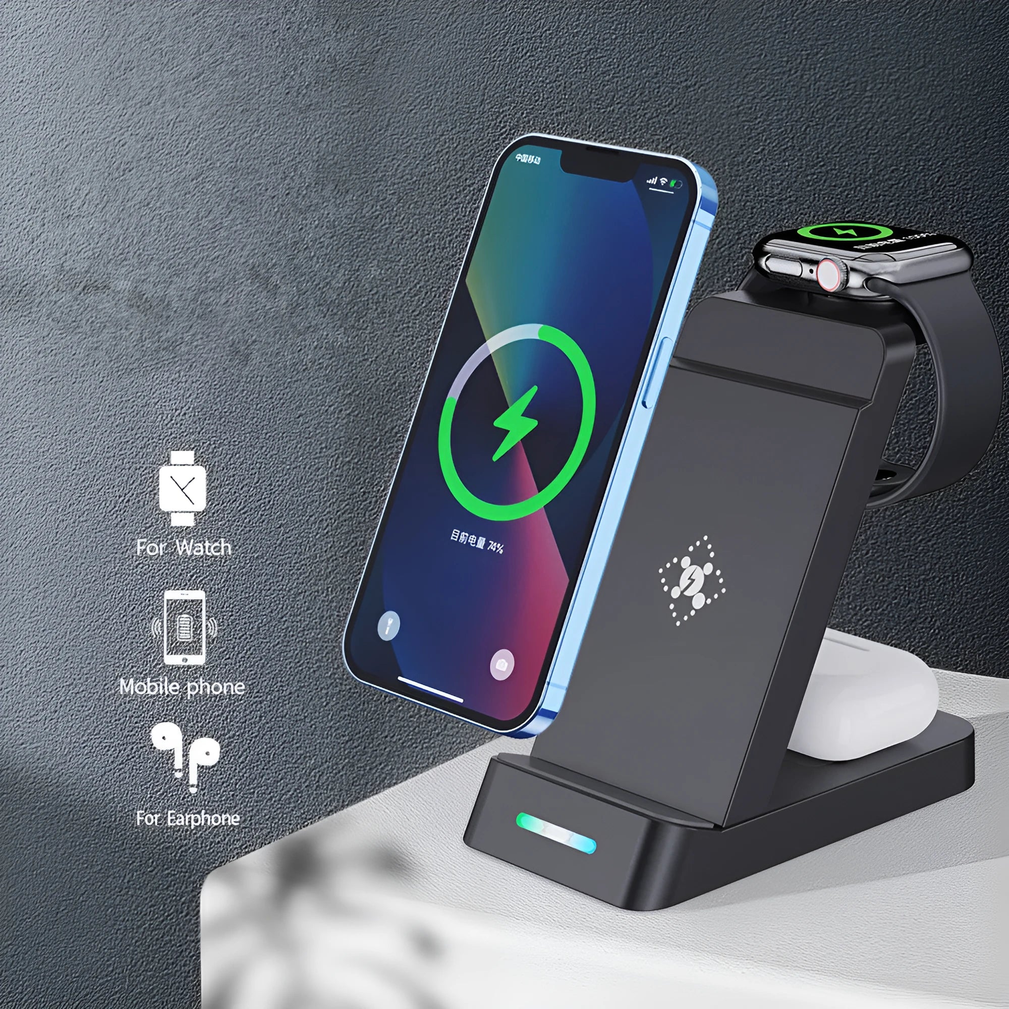 Black or white wireless charging station with phone stand charging iPhone, AirPods and Apple Watch simultaneously