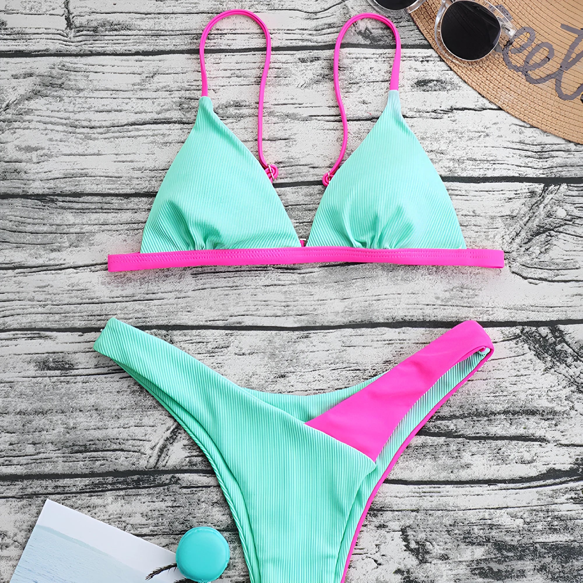 Women's nylon swimsuit briefs set with matching bra in European and American style
