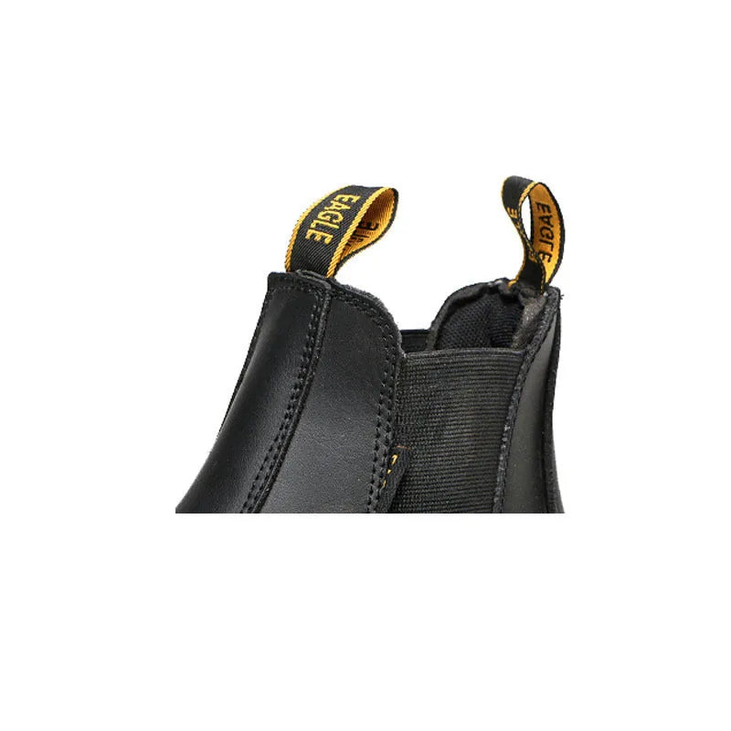 Black leather high-top safety shoes with anti-piercing protection for workplace use