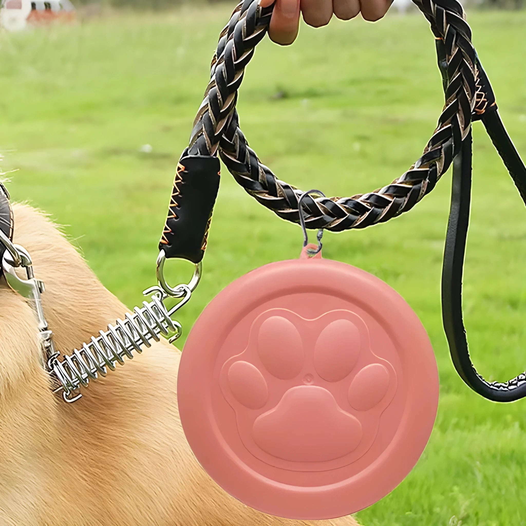 Collapsible silicone dog bowl in light pink and green colours showing portable feeding design