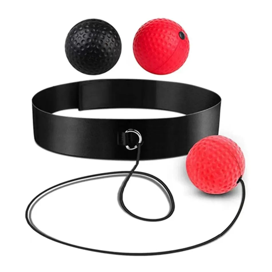 Head-mounted boxing reaction training ball with knitted and rubber adjustable headbands, shown with red, green, and yellow PU balls.