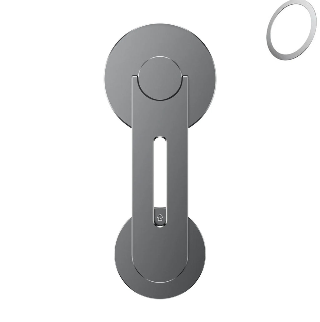 Silver aluminium alloy magnetic phone holder for car, shown next to its packaging box.