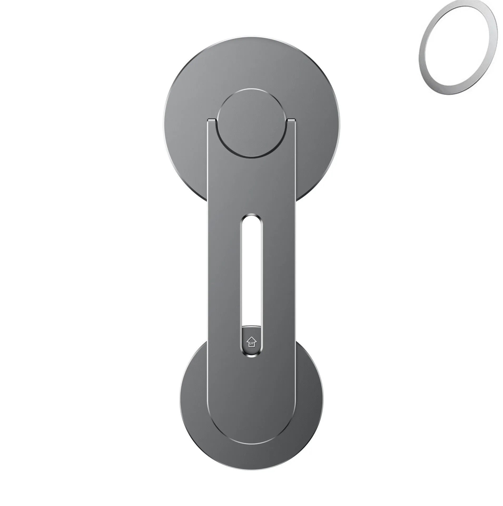 Silver aluminium alloy magnetic phone holder for car, shown next to its packaging box.