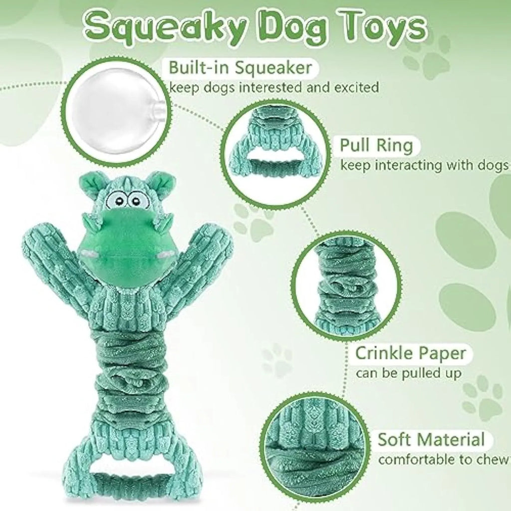 Large plush squeaky dog toy with handle, shown in Hippo and Monkey designs, for indoor tug-of-war play.