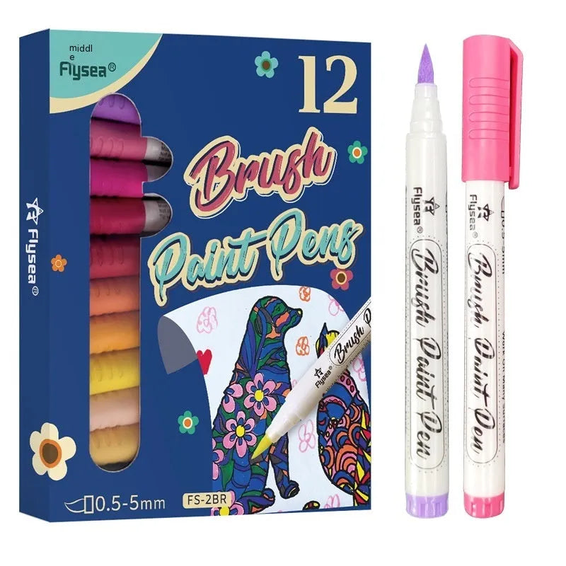 Set of soft head gouache pens with flexible tips for hand lettering and card art.