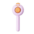 Self-cleaning pet grooming brush in purple, with stainless steel bristles and a one-button release.