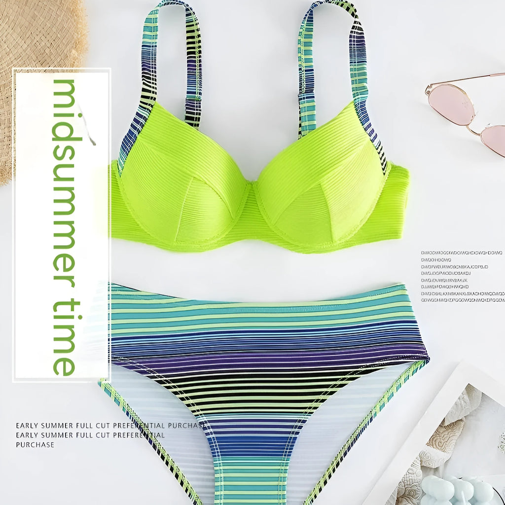 Green printed women's halter bikini set with brief bottoms showing front view