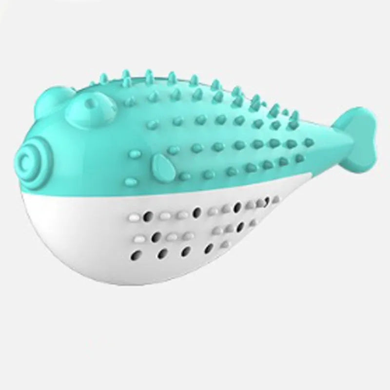 Mint Toys fish-shaped silicone cat chew toy with toothbrush feature in blue, green, pink, or yellow
