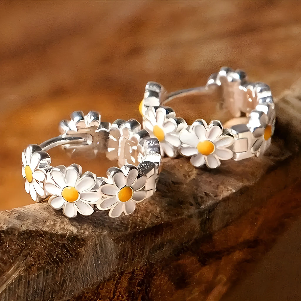 White daisy flower ring earrings with platinum gem inlay on copper base