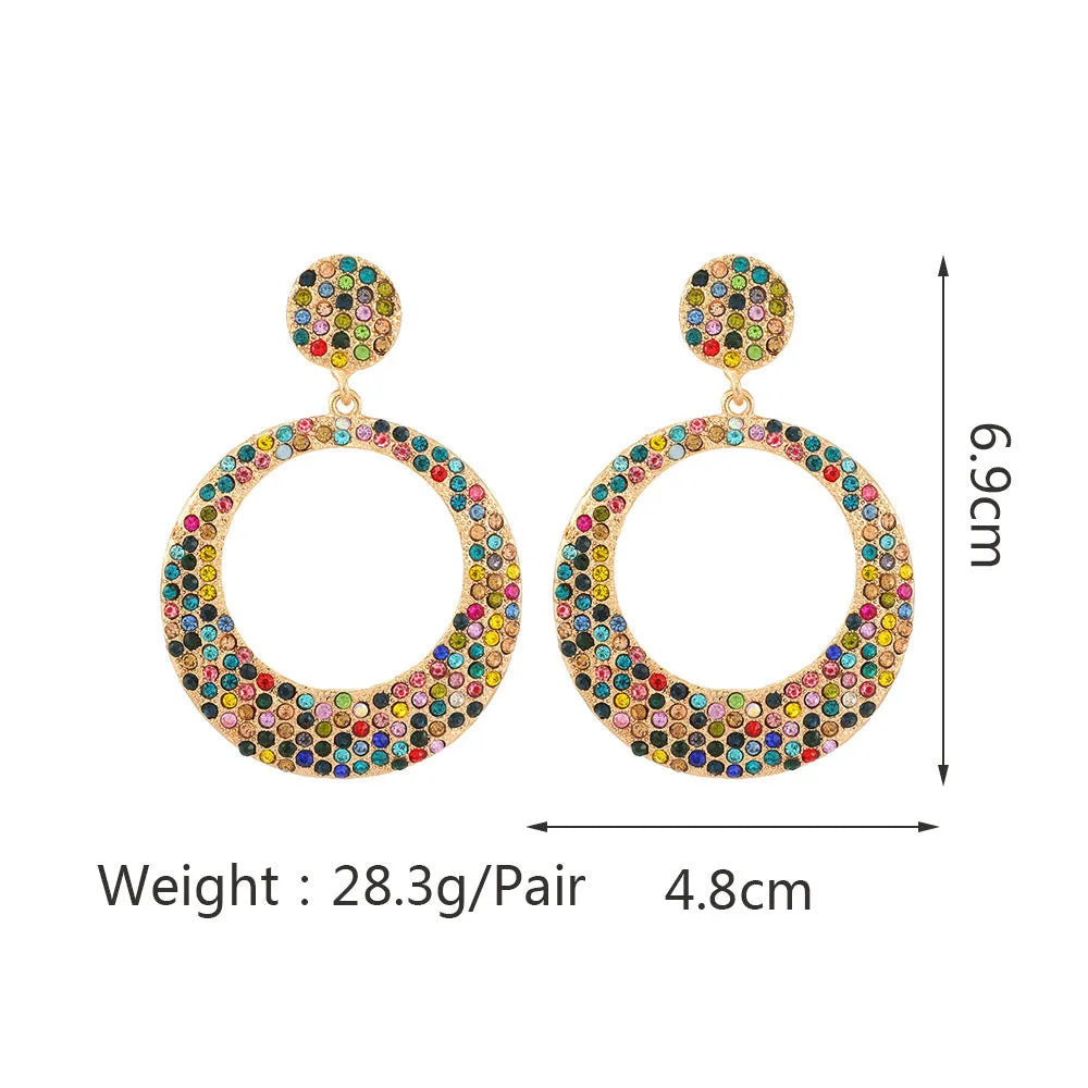 Women's alloy round pendant earrings with colourful diamond detailing in European American fashion cartoon style