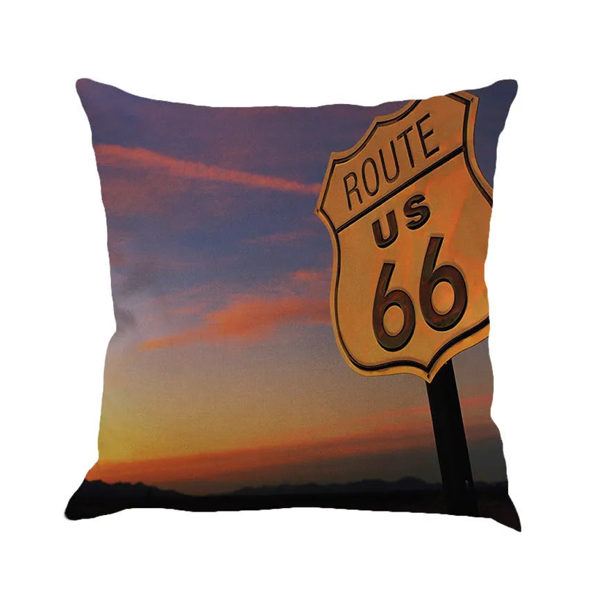 Route 66 landscape pattern on a 45cm square linen and cotton blend cushion cover.