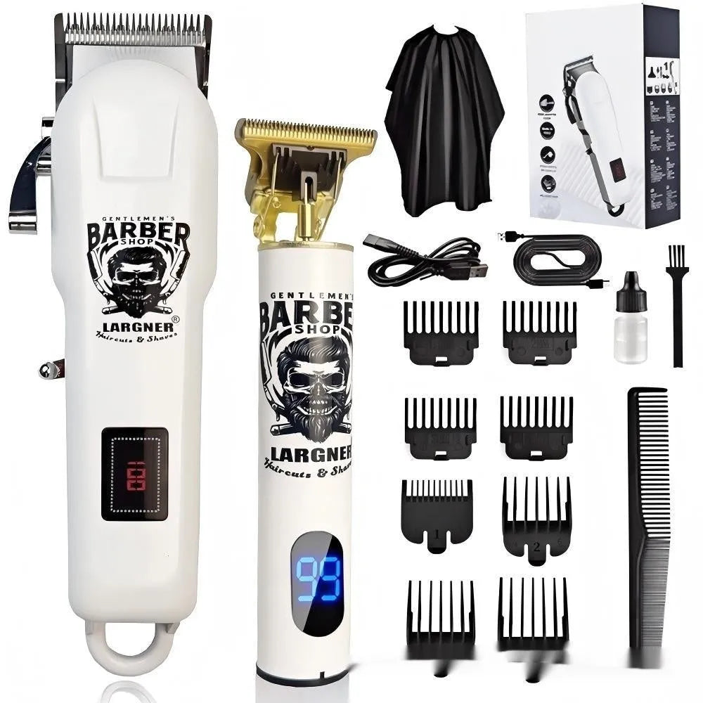 Rechargeable hair clipper with stainless steel cutter heads, USB charging cable, and 4 in 1 guard attachments kit.