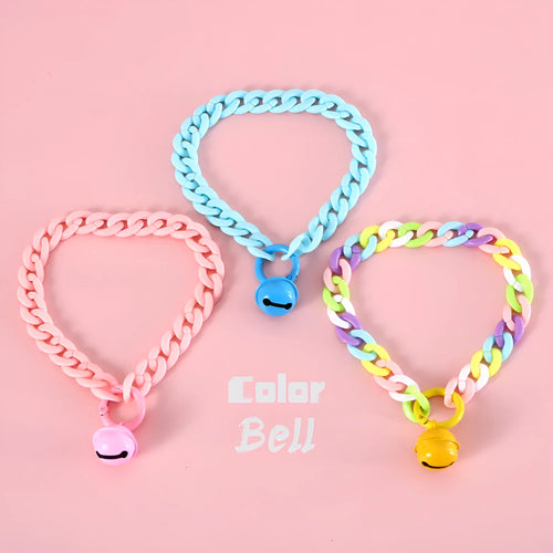 Macaron candy coloured plastic pet collar for cats, dogs, and rabbits in chain blue, pink, and mixed colours on a white background.