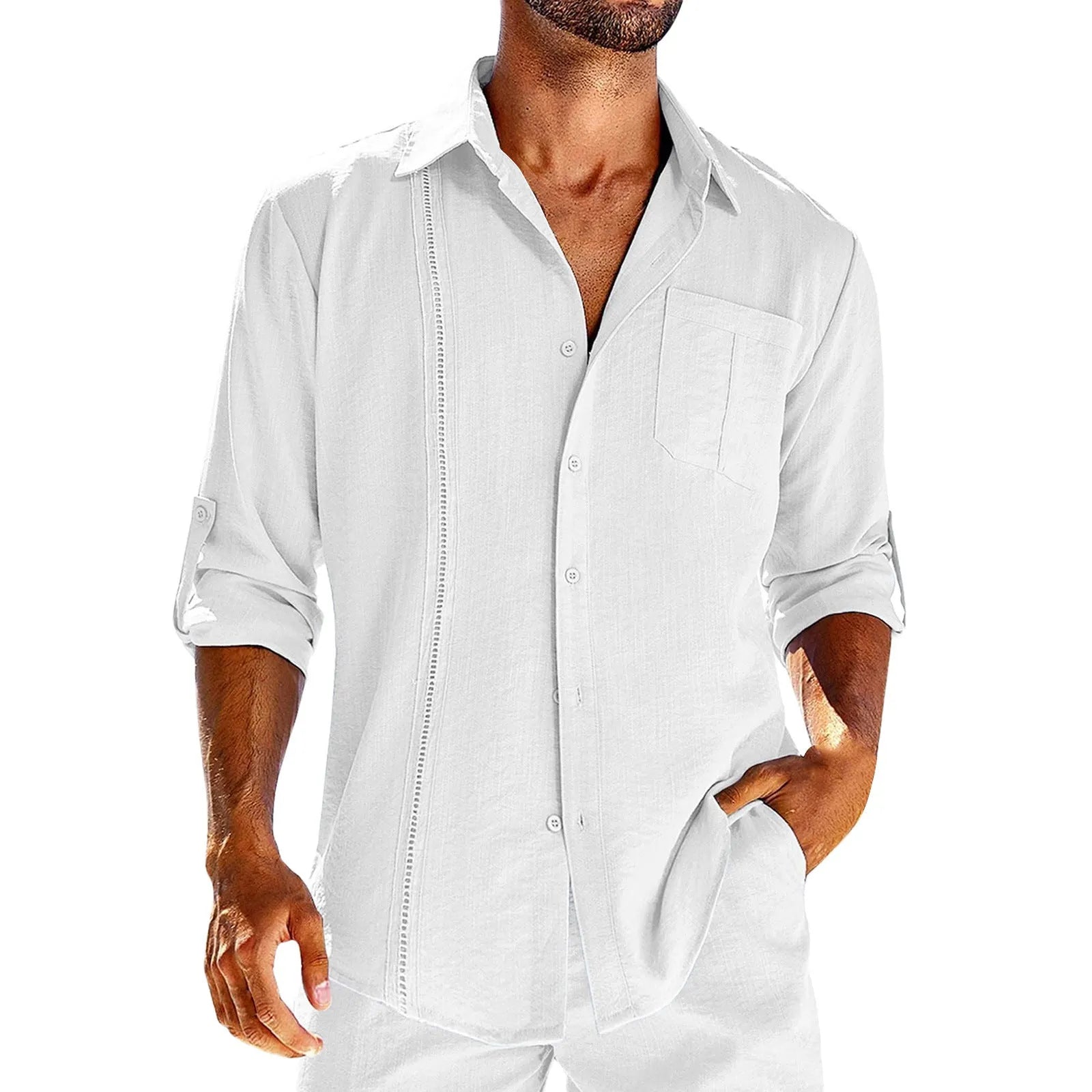 Men's grey long sleeve casual shirt with a polo collar and a white lace detail on the chest pocket.