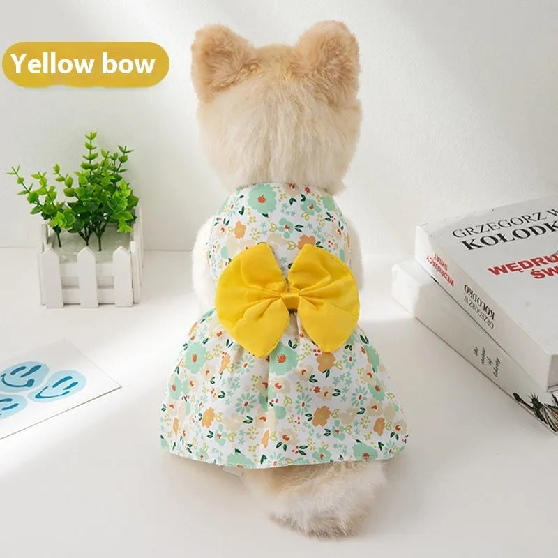 Ultra-thin polyester pet dress with floral butterfly design and adjustable bow knot for dogs and cats