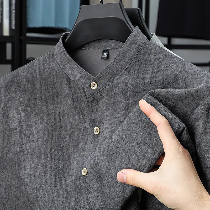 Men's loose fit short sleeve linen cardigan shirt with stand collar in black grey colour
