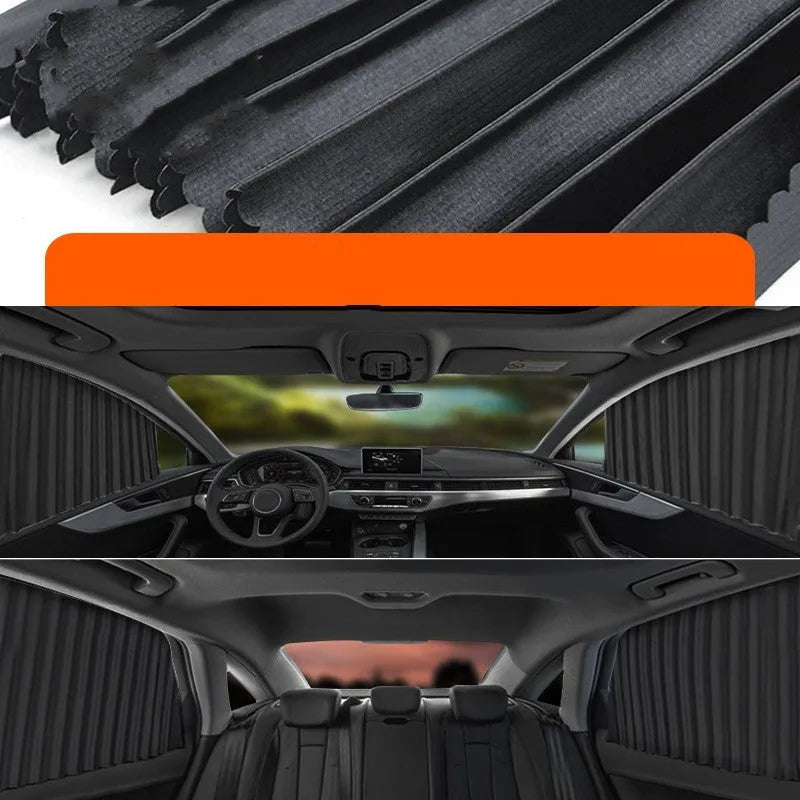 Retractable car sun curtain in thick opaque cloth with roller shutter mechanism