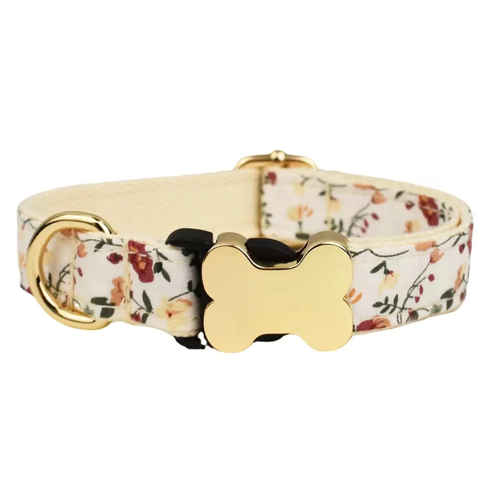 Nylon dog collar with printed grid pattern and bone-shaped metal buckle in multiple colour options